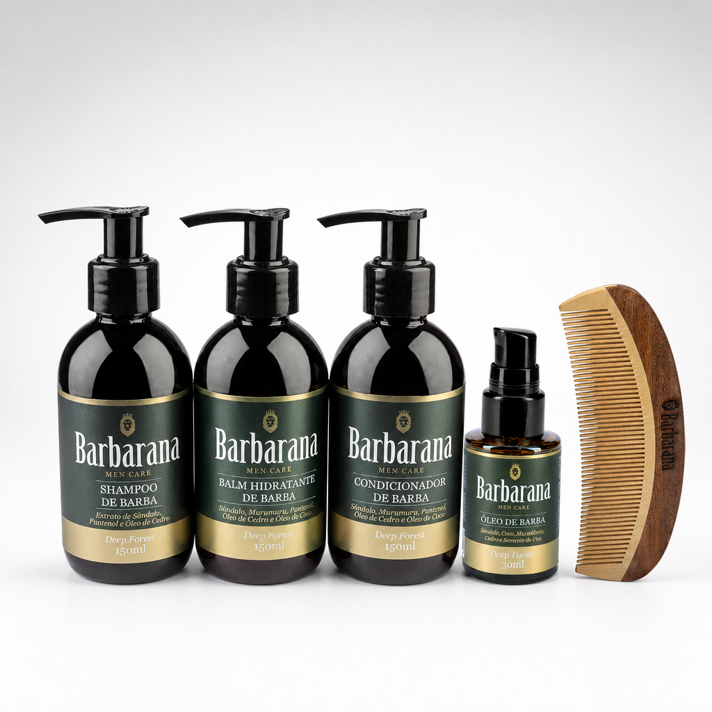 Kit para Barba, Shampoo, Balm, Condicionador, Óleo e Pente de Madeira Curvo - Deep Forest
