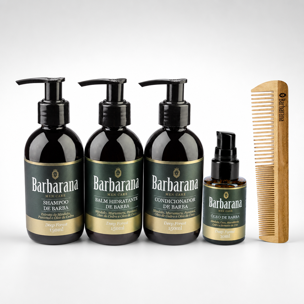 Kit para Barba, Shampoo, Balm, Condicionador, Óleo e Pente de Madeira Duplo - Deep Forest