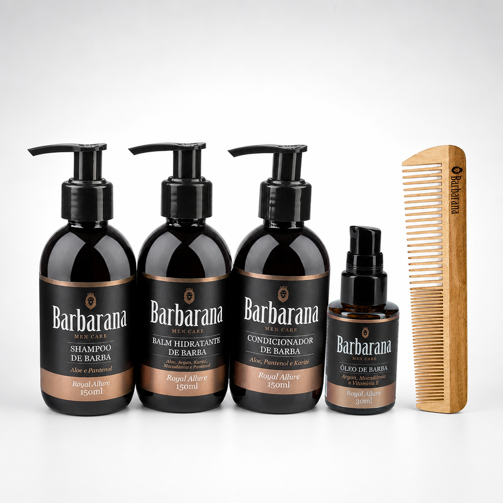 Kit para Barba, Shampoo, Balm, Condicionador, Óleo e Pente Duplo de Madeira - Royal Allure