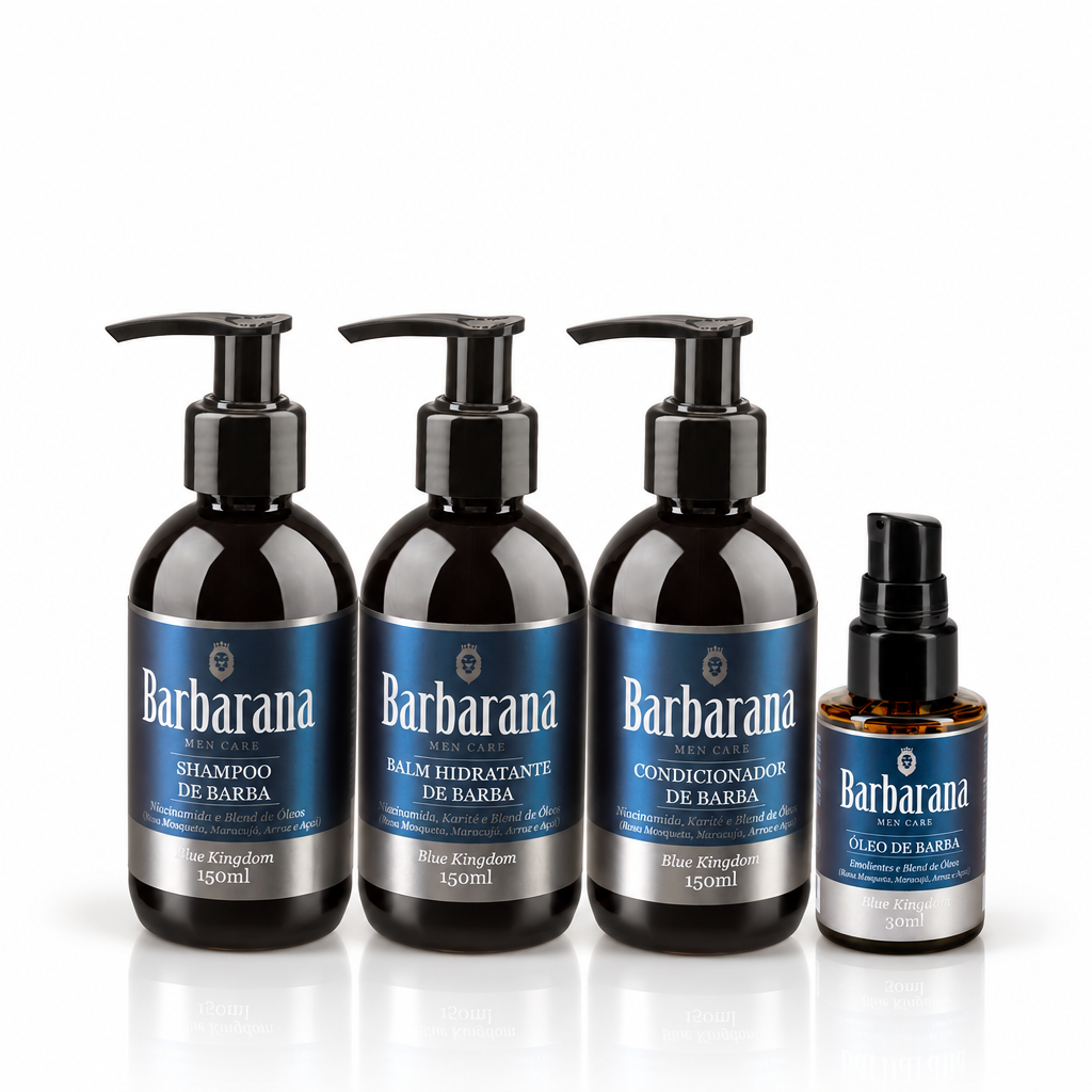 Kit para Barba Shampoo, Condicionador, Balm Hidratante e Óleo - Blue Kingdom