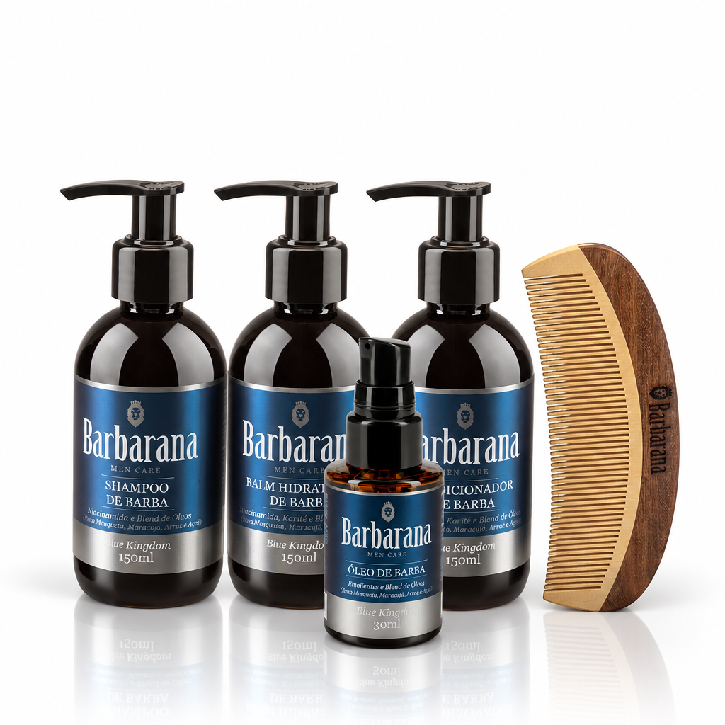 Kit para Barba, Shampoo, Balm, Condicionador, Óleo e Pente de Madeira Curvo - Blue Kingdom