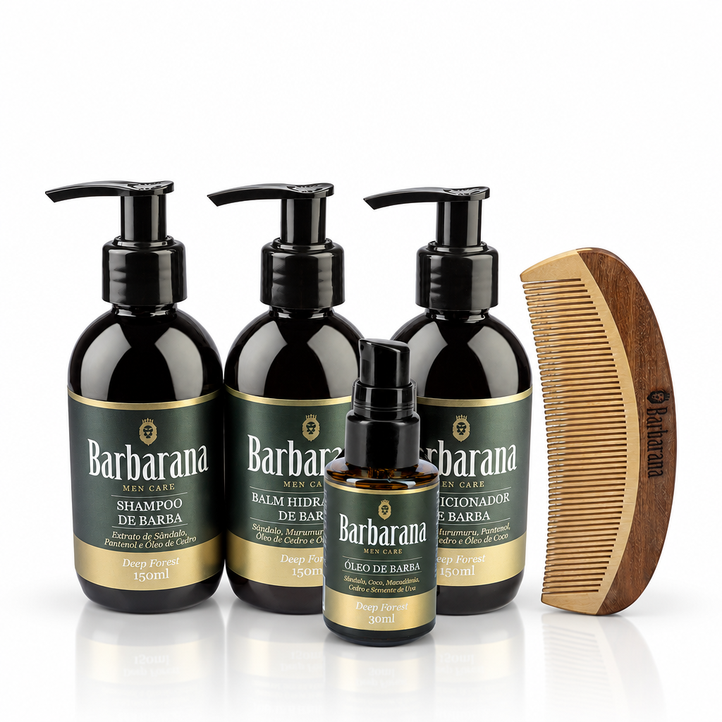 Kit para Barba, Shampoo, Balm, Condicionador, Óleo e Pente de Madeira Curvo - Deep Forest