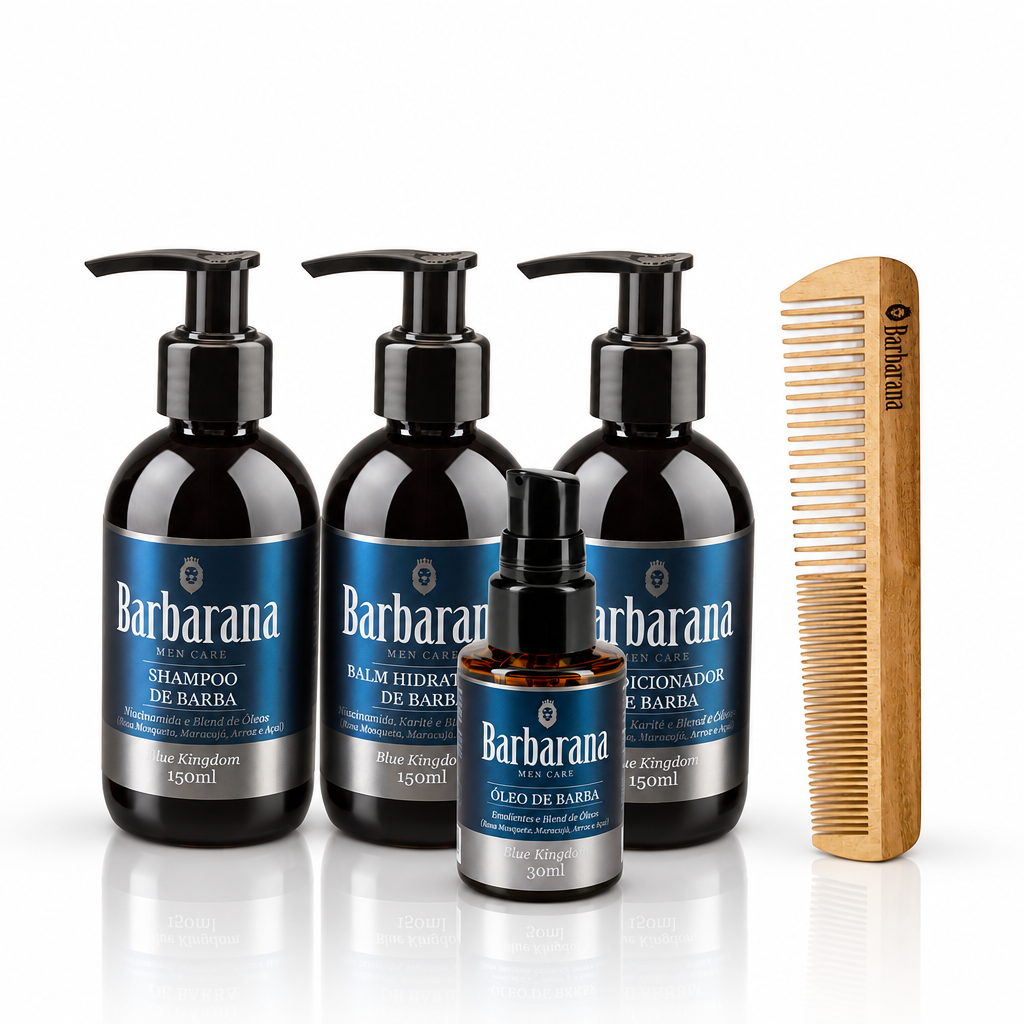 Kit para Barba, Shampoo, Balm, Condicionador, Óleo e Pente de Madeira Duplo - Blue Kingdom