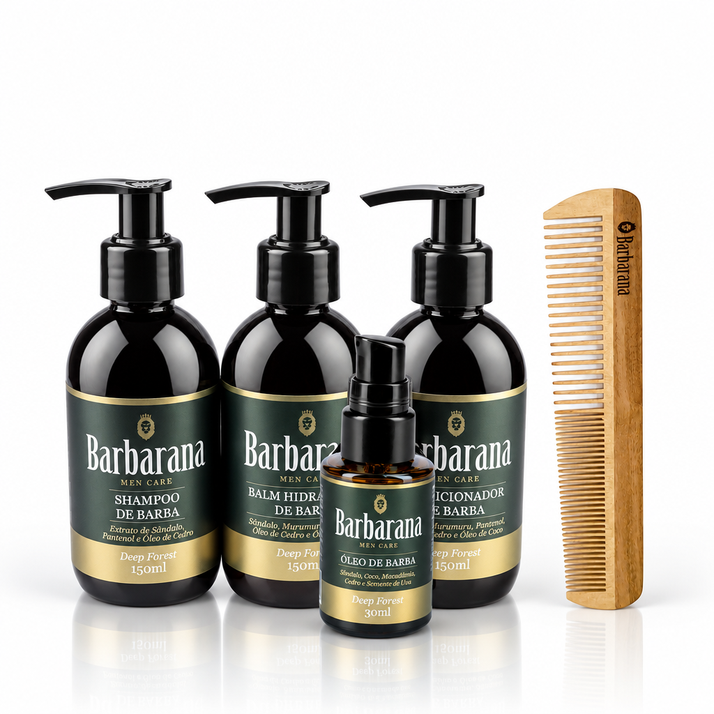 Kit para Barba, Shampoo, Balm, Condicionador, Óleo e Pente de Madeira Duplo - Deep Forest