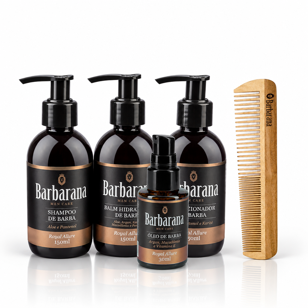 Kit para Barba, Shampoo, Balm, Condicionador, Óleo e Pente Duplo de Madeira - Royal Allure