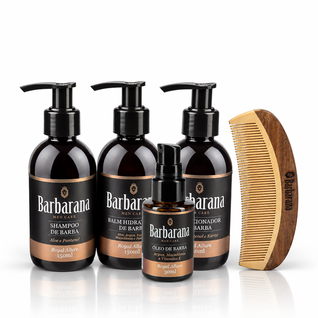 Kit para Barba Shampoo, Condicionador, Balm, Óleo e Pente de Madeira Curvo - Royal Allure