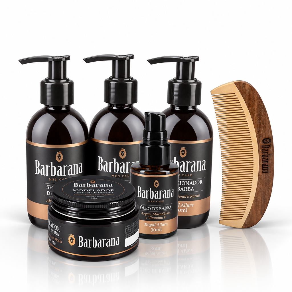 Kit Completo para Barba 5 Produtos e Pente de Madeira Curvo - Royal Allure