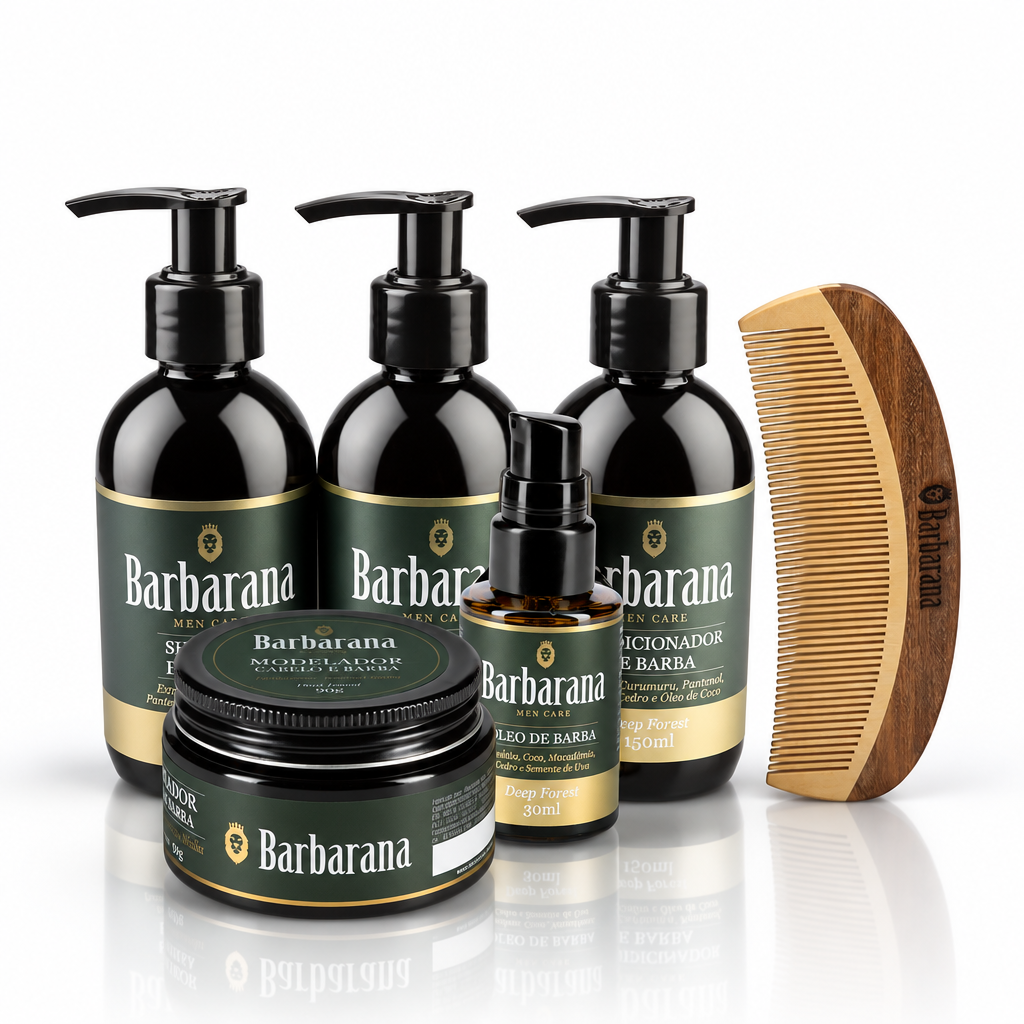 Kit Presente para Barba 5 Produtos e Pente de Madeira curvo - Deep Forest