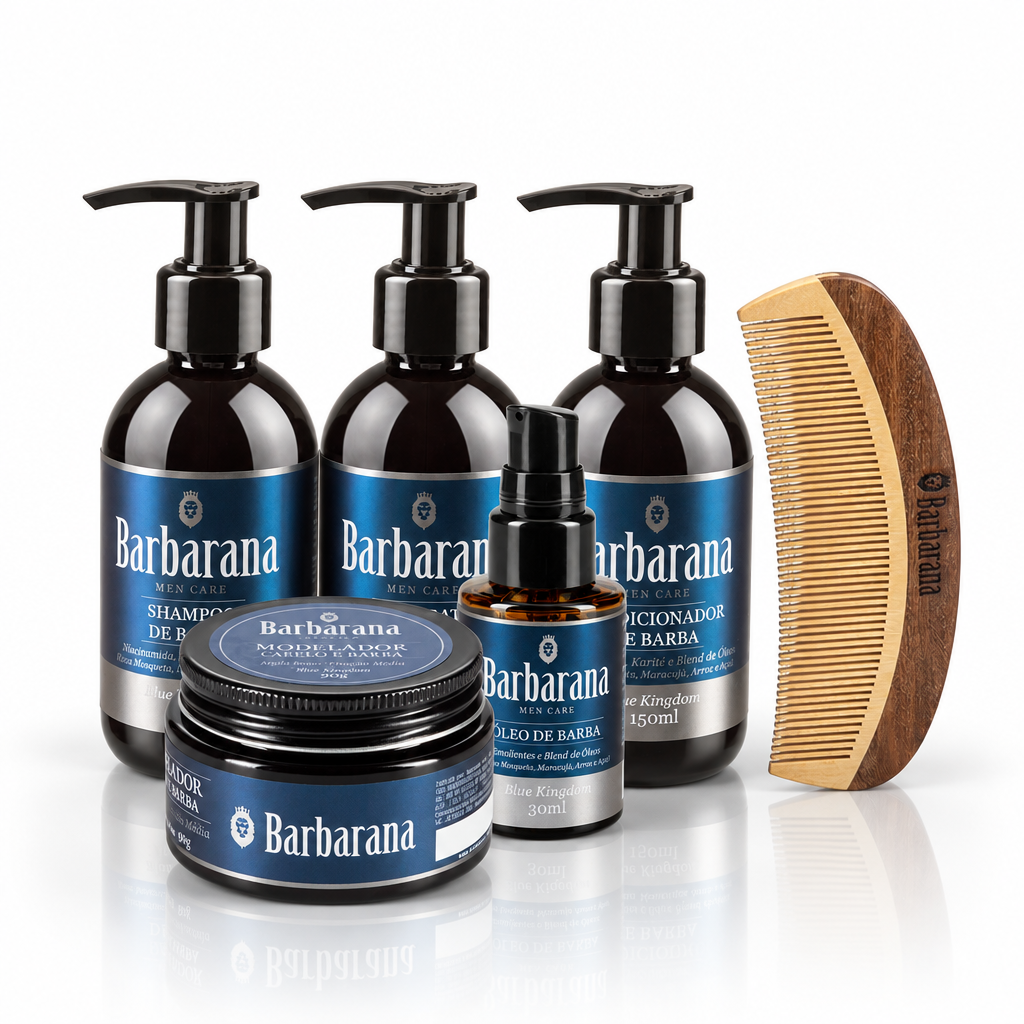 Kit completo para Barba 5 Produtos e Pente de Madeira curvo - Blue Kingdom