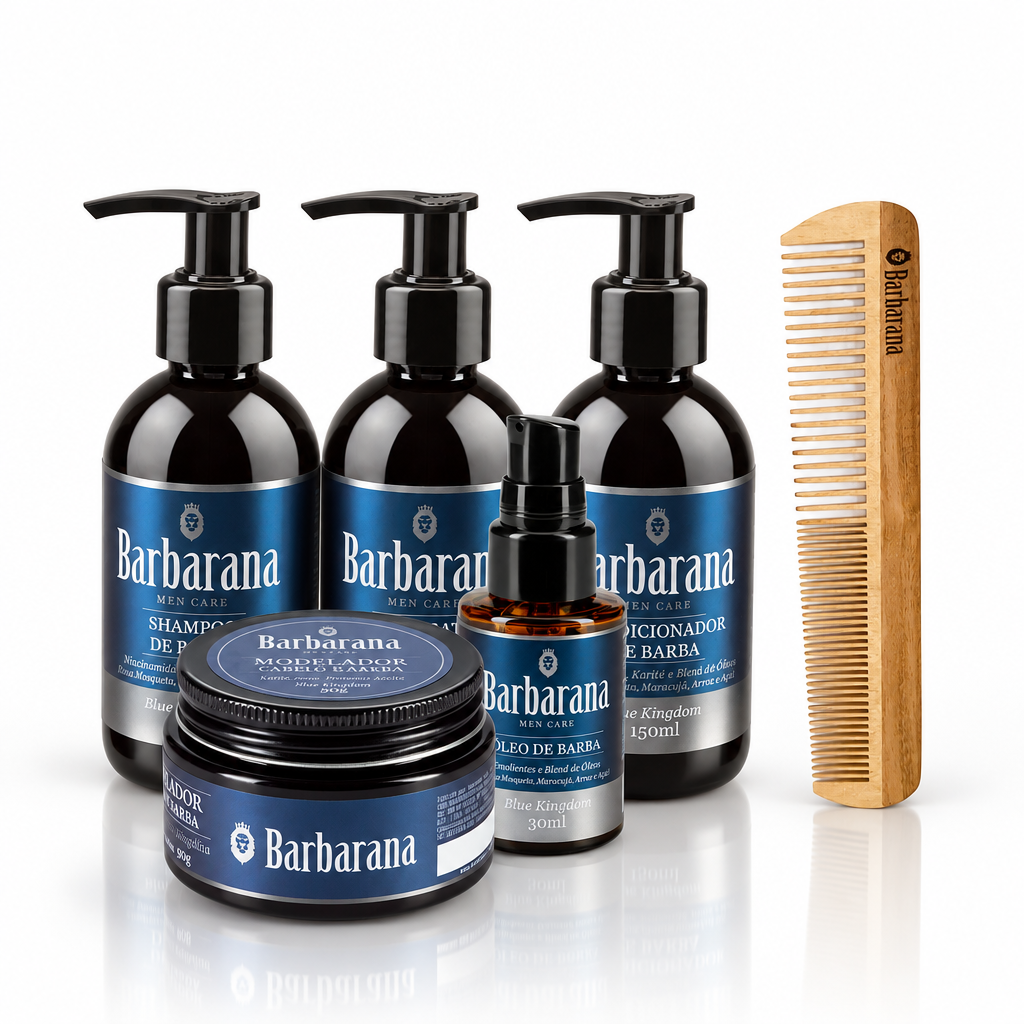 Kit Presente para Barba 5 Produtos e Pente de Madeira Duplo - Blue Kingdom