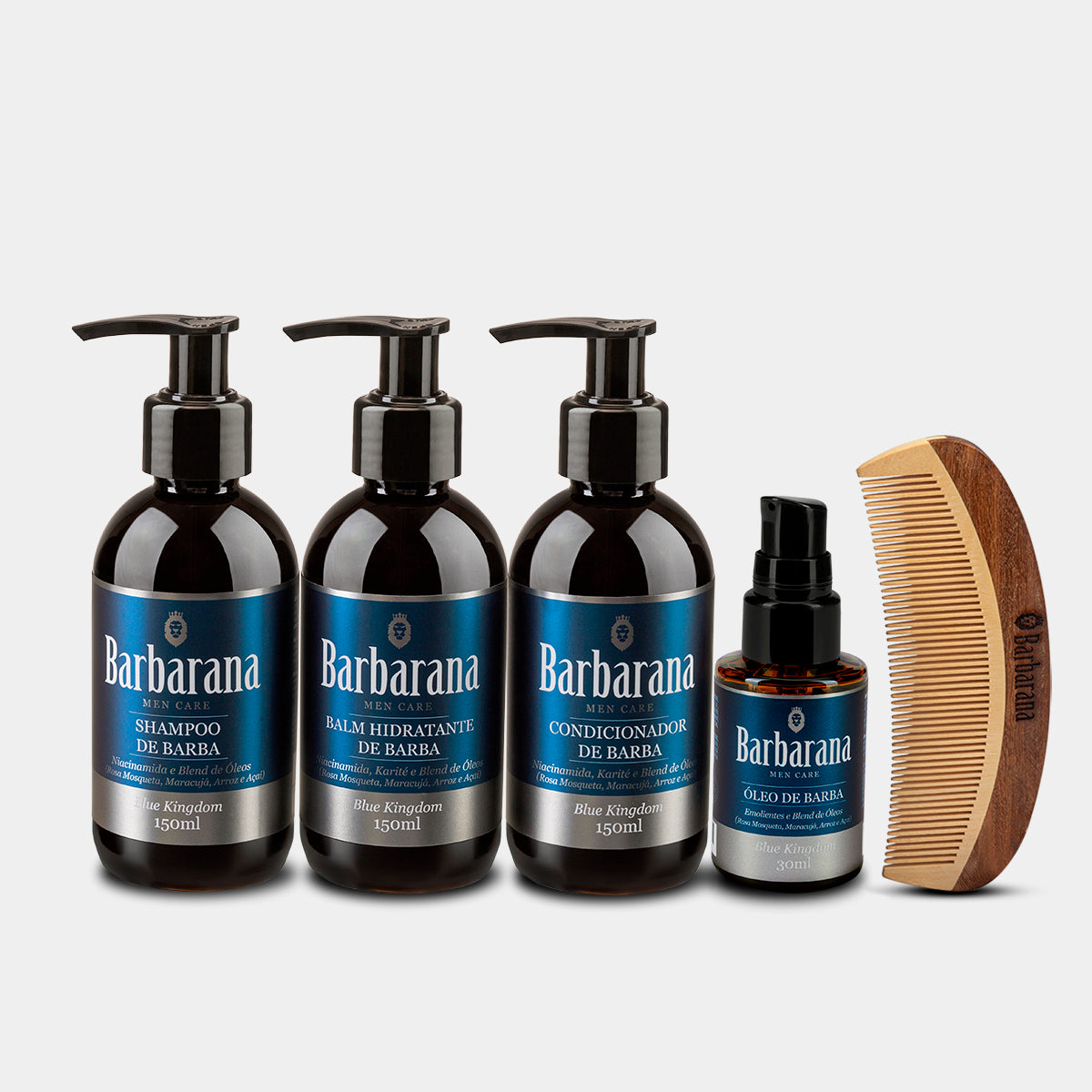 Kit para Barba, Shampoo, Balm, Condicionador, Óleo e Pente de Madeira Curvo - Blue Kingdom