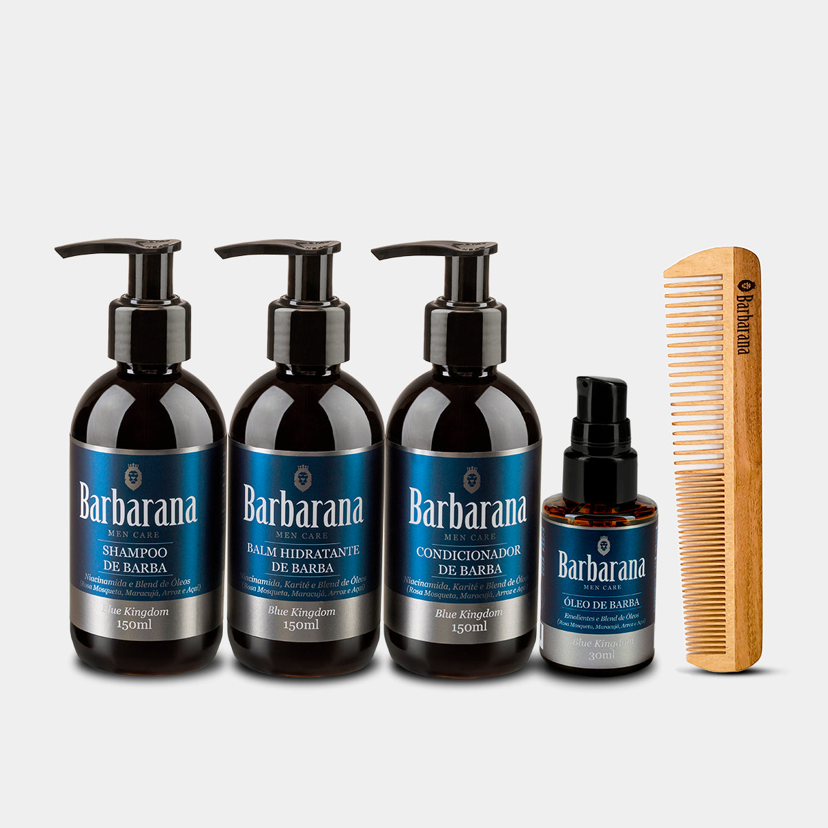 Kit para Barba, Shampoo, Balm, Condicionador, Óleo e Pente de Madeira Duplo - Blue Kingdom