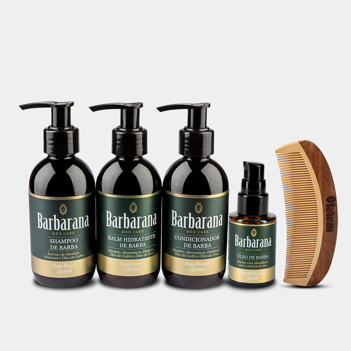 Kit para Barba, Shampoo, Balm, Condicionador, Óleo e Pente de Madeira Curvo - Deep Forest