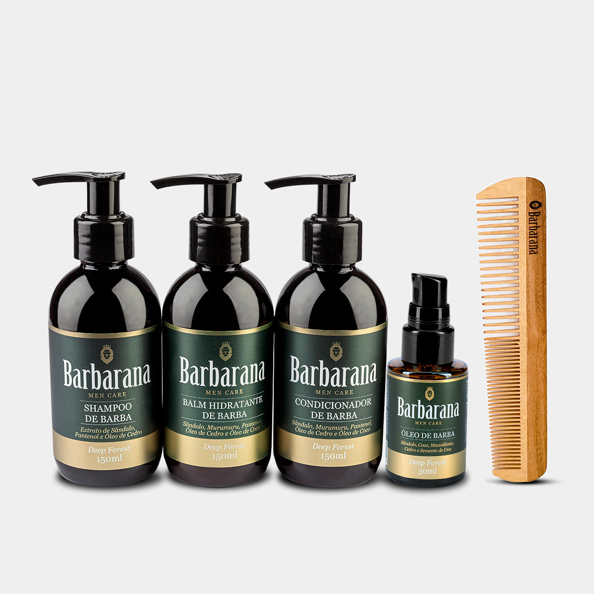 Kit para Barba, Shampoo, Balm, Condicionador, Óleo e Pente de Madeira Duplo - Deep Forest