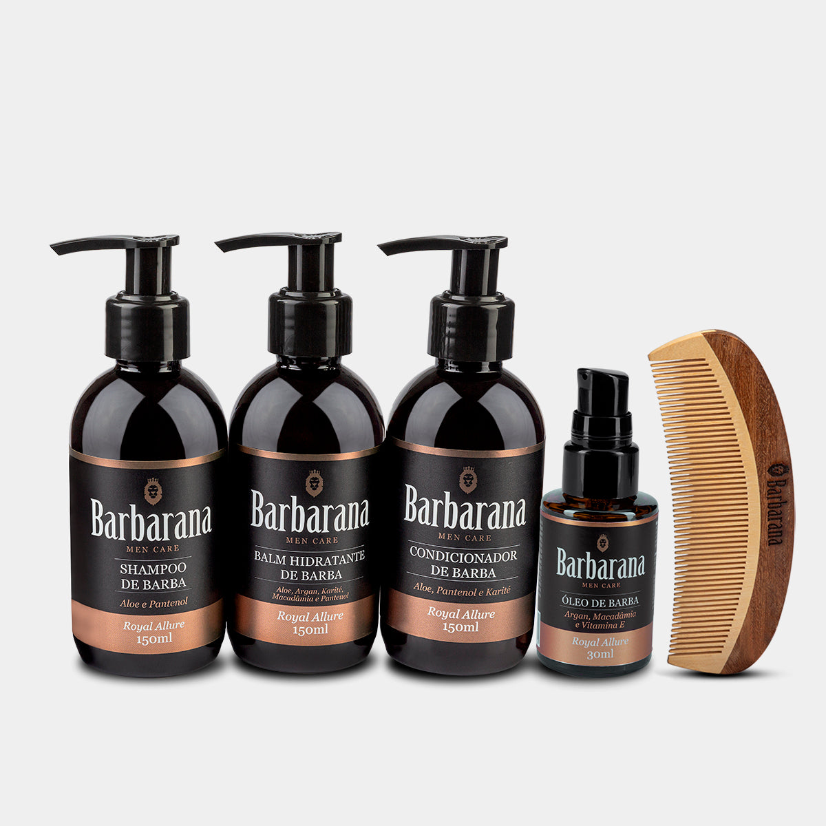 Kit para Barba, Shampoo, Balm, Condicionador, Óleo e Pente Curvo de Madeira - Royal Allure