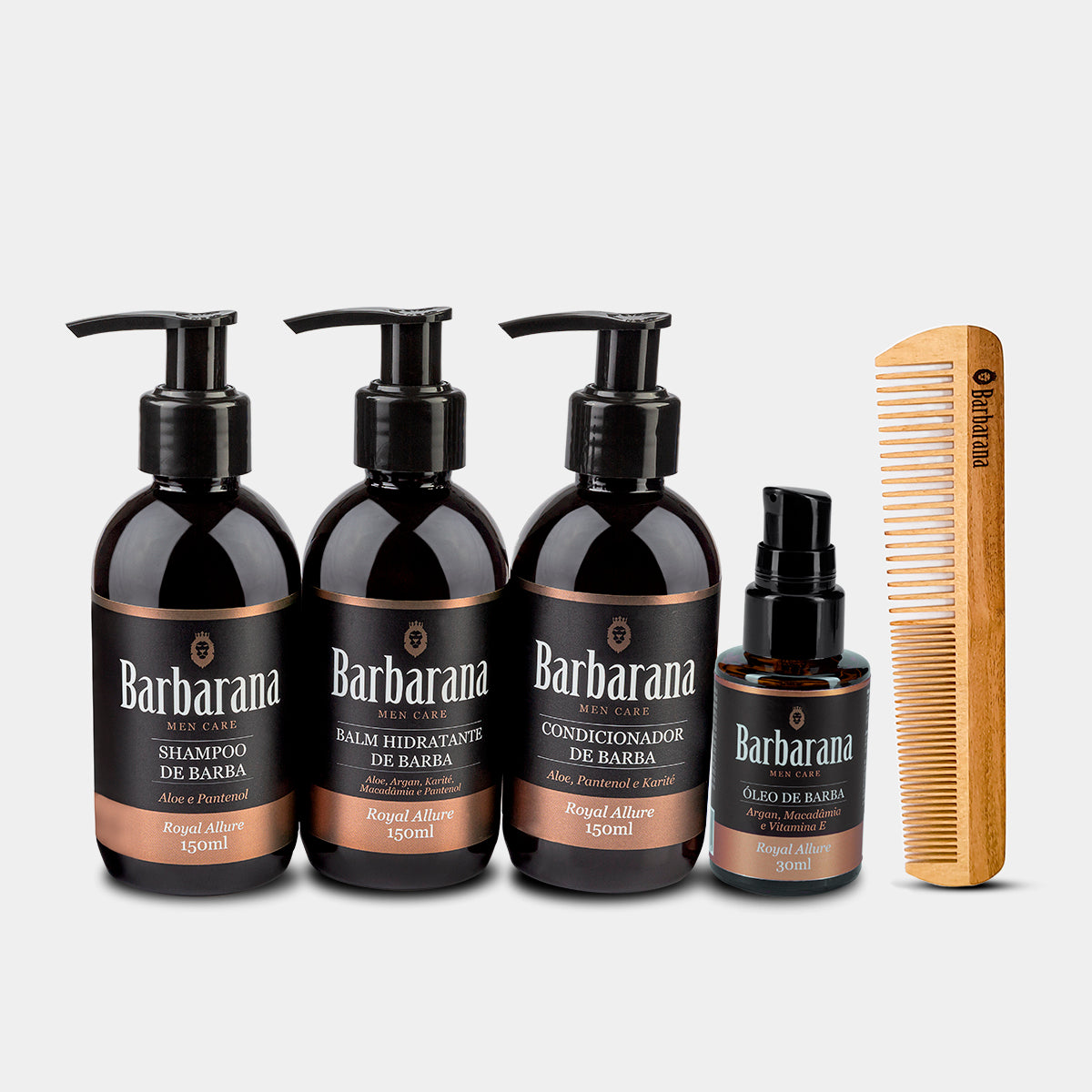 Kit para Barba, Shampoo, Balm, Condicionador, Óleo e Pente Duplo de Madeira - Royal Allure