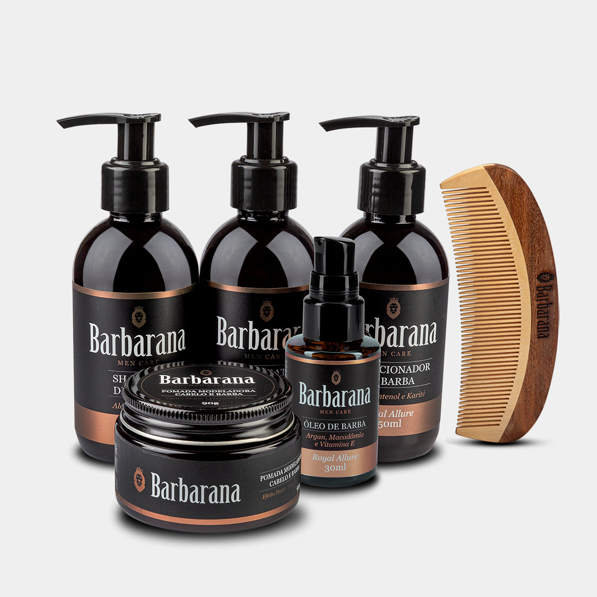 Kit Completo para Barba, Shampoo, Balm, Condicionador, Óleo, Pasta Modeladora e Pente Curvo de Madeira - Royal Allure