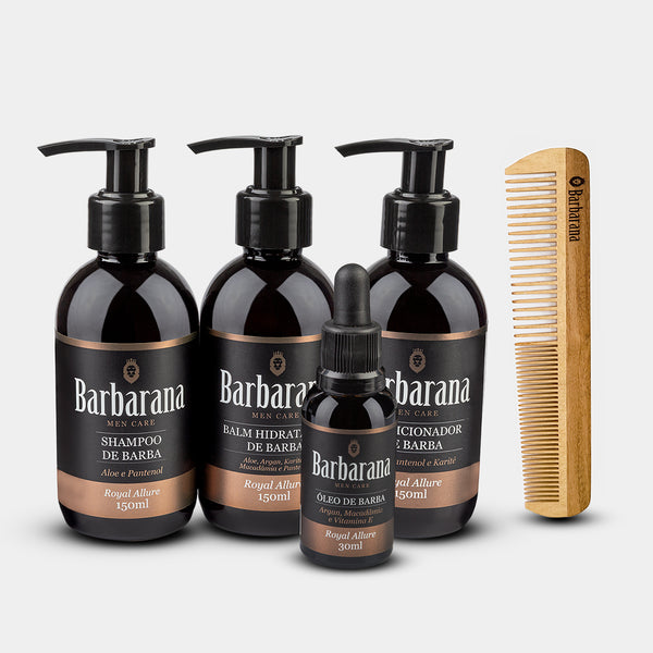 Kit para Barba, Shampoo, Balm, Condicionador, Óleo e Pente Duplo de Madeira - Royal Allure