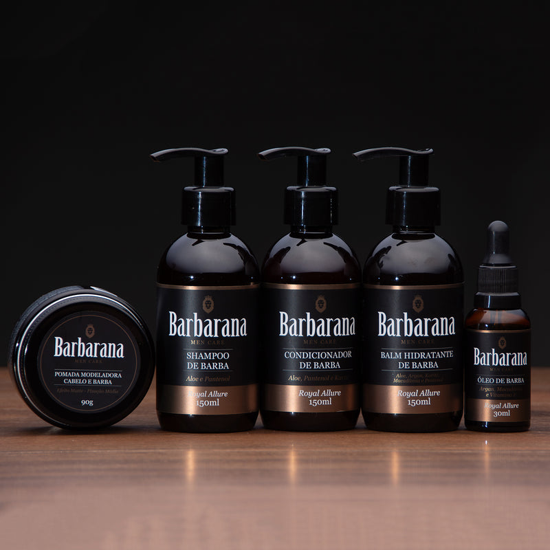 Kit para Barba Média e Longa, Shampoo, Balm , Condicionador, Óleo e Pasta Modeladora - Royal Allure